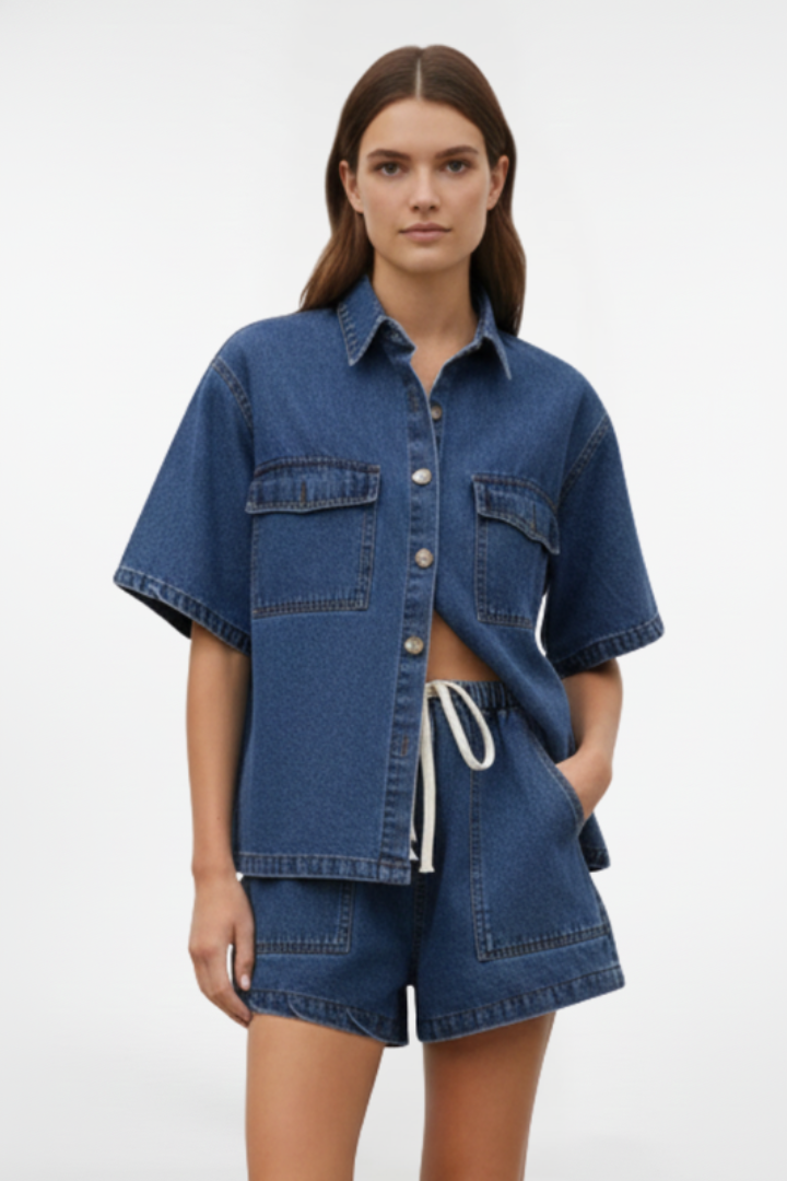 Chic Denim Collection | Women's Denim Two Piece Set with Short-Sleeve Jacket & High-Waist Shorts | Versatile Outfit for Spring and Summer