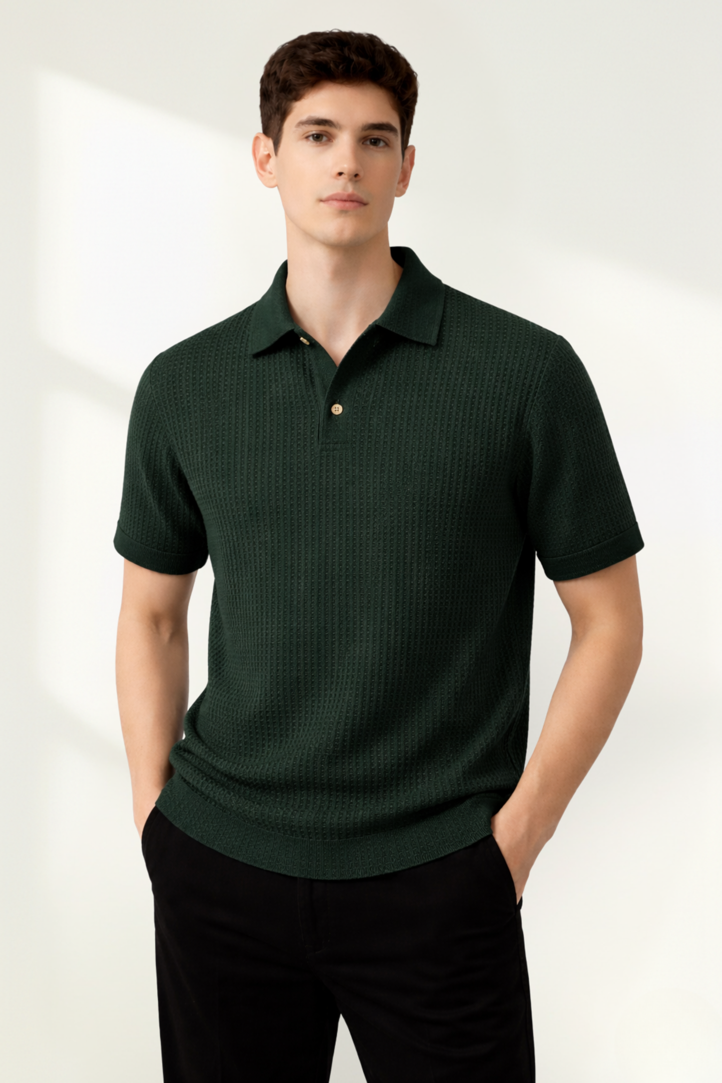 Classic Waffle-Knit Men's Polo Shirt with Breathable Comfort | Versatile Dark Green for Everyday Style
