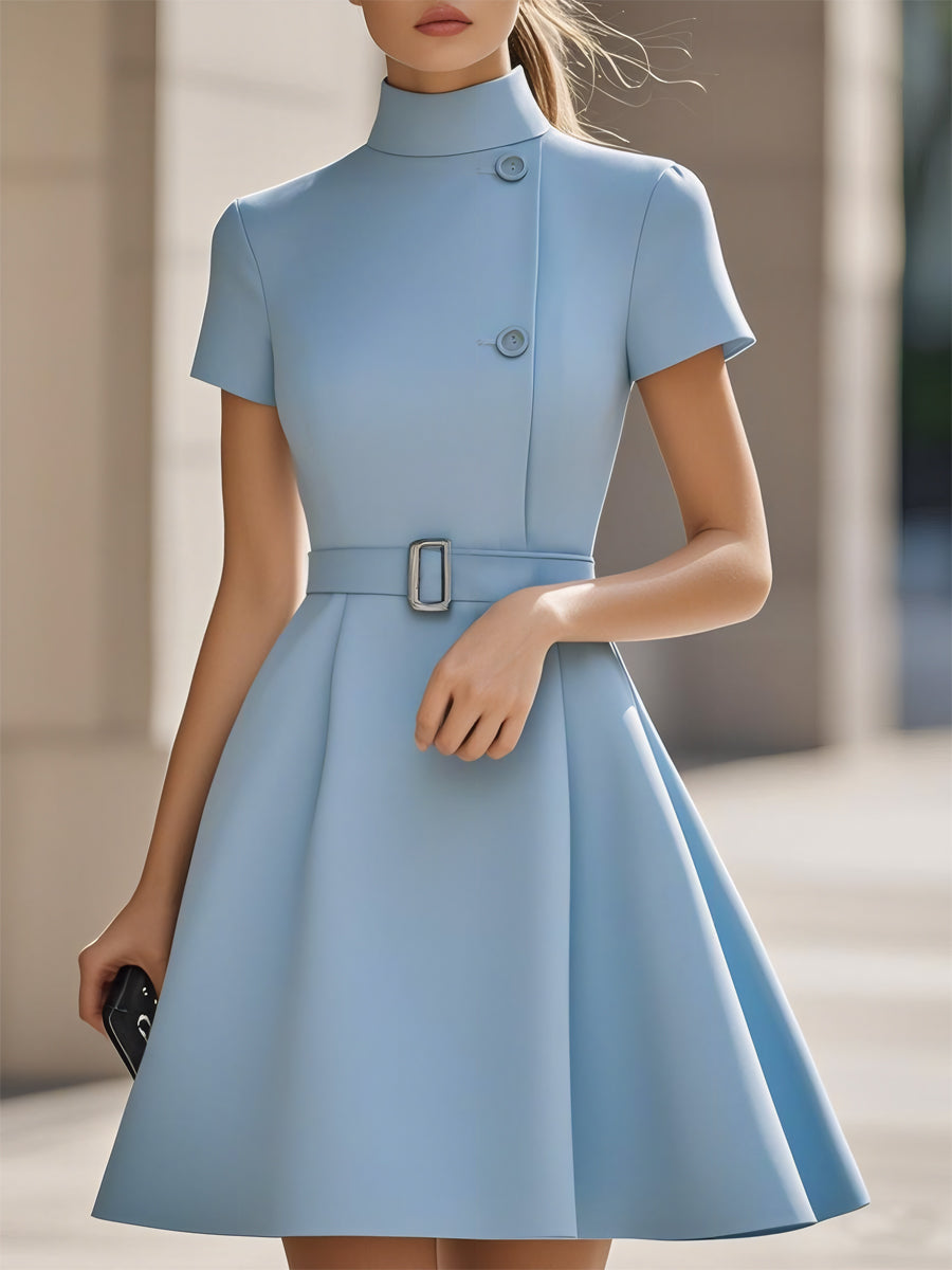 Elegant High-Neck Women's Dress with Belted Waist | Timeless Midi Style for Effortless Elegance