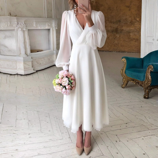 Birgit Collection | Wedding Dress with Long Sleeves & Classic V-Neck | Timeless Elegance for Your Special Day