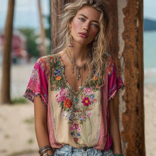 Bohemian Floral Embroidery Women's T-Shirt with V-Neck Design | Stylish Summer Top for Everyday Wear