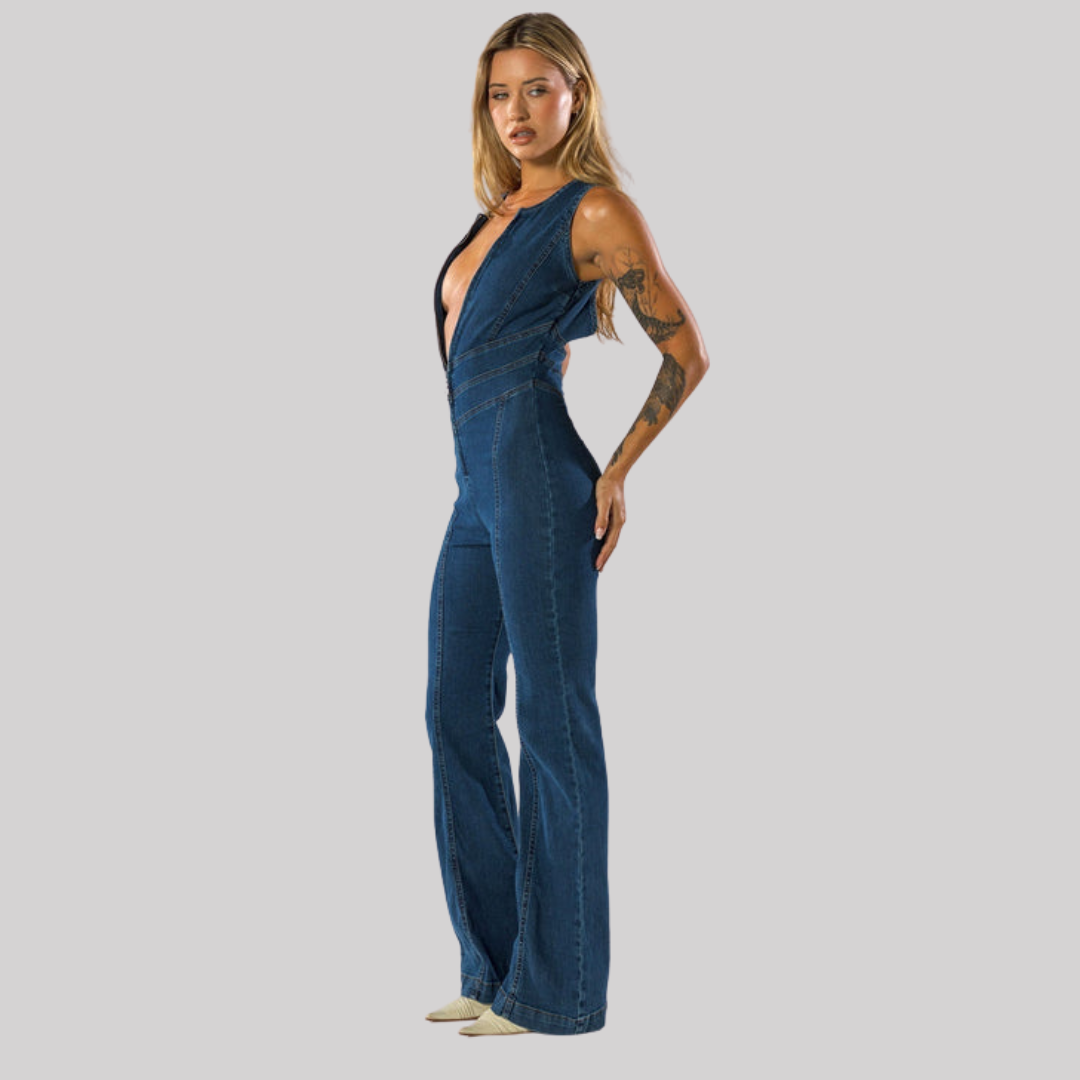 Chic Collection | Women's Denim Jumpsuit with Deep V-Neck & Flared Legs | Versatile Style for Effortless Elegance