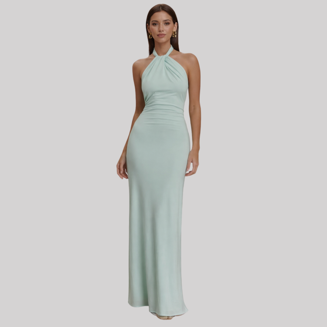 Celeste | Halter Neck Maxi Dress with Open Back Design | Elegant Fit for Weddings