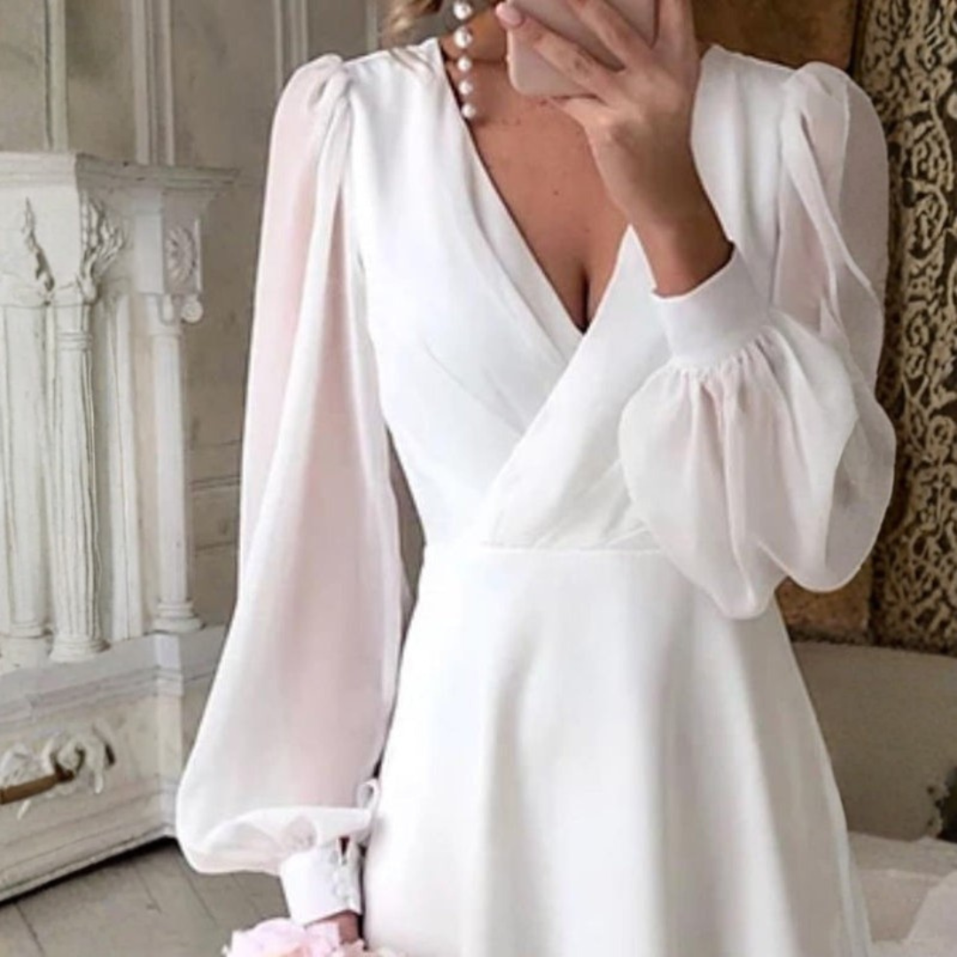 Birgit Collection | Wedding Dress with Long Sleeves & Classic V-Neck | Timeless Elegance for Your Special Day