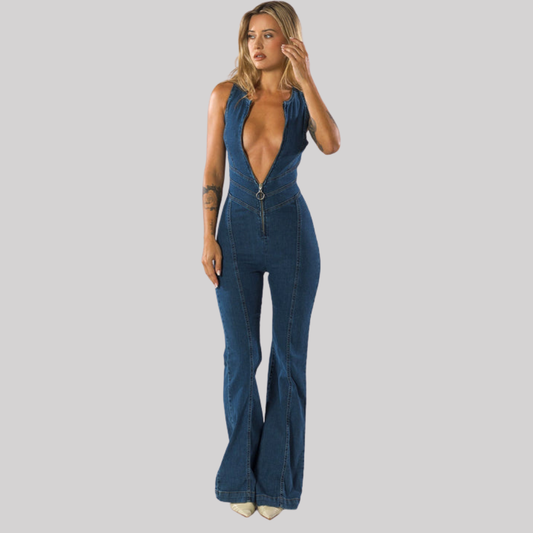 Chic Collection | Women's Denim Jumpsuit with Deep V-Neck & Flared Legs | Versatile Style for Effortless Elegance