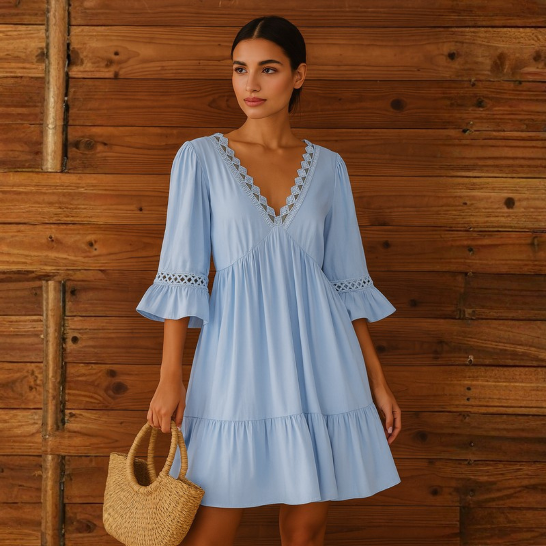 Boho Chic | Sky-Blue Floral Midi Dress with Lace Trim & Flared Sleeves for Effortless Style