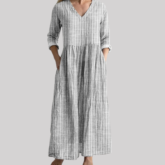 Vintage Stripe Linen Dress | Women's Dress with V-Neck & Ankle-Length Design | Effortless Elegance for Summer Styling