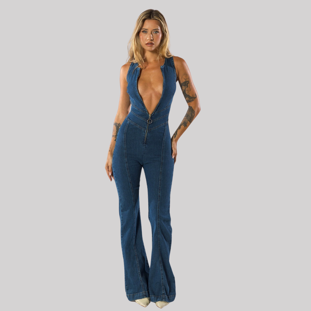 Chic Collection | Women's Denim Jumpsuit with Deep V-Neck & Flared Legs | Versatile Style for Effortless Elegance