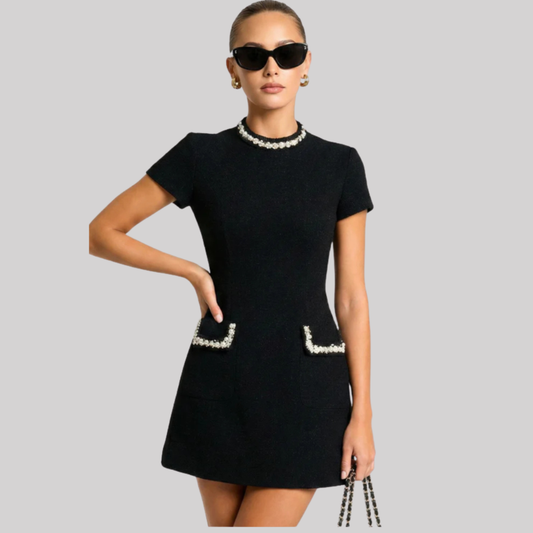 Chic Collection | Women's Mini Dress with Pearl Trim & Pocket Detail | Stylish Versatility for Spring & Summer Occasions