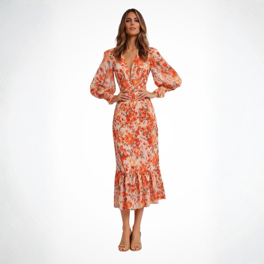 Wren Collection | Women's Floral Midi Dress with V Neckline | Elegant Summer Style for Effortless Charm