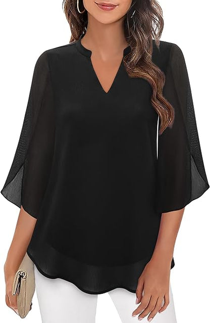 Aria Collection | Women's Chiffon Bell Sleeve Blouse with Elegant Drape | Versatile Top for Refined Occasions