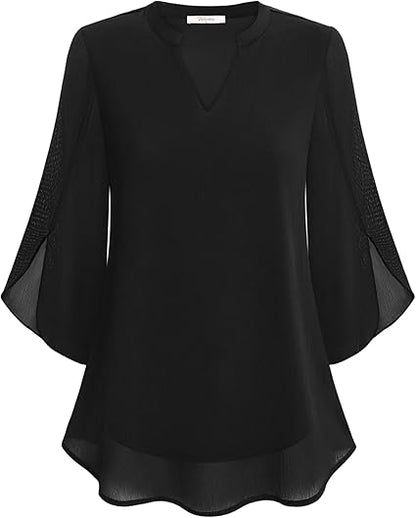 Aria Collection | Women's Chiffon Bell Sleeve Blouse with Elegant Drape | Versatile Top for Refined Occasions