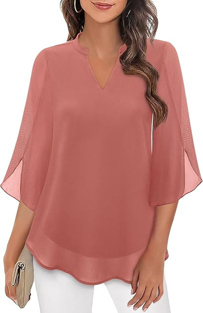 Aria Collection | Women's Chiffon Bell Sleeve Blouse with Elegant Drape | Versatile Top for Refined Occasions