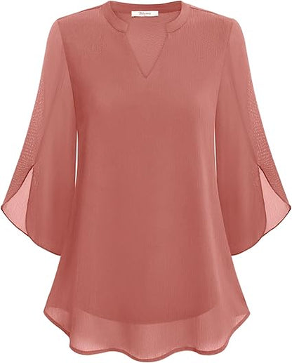 Aria Collection | Women's Chiffon Bell Sleeve Blouse with Elegant Drape | Versatile Top for Refined Occasions