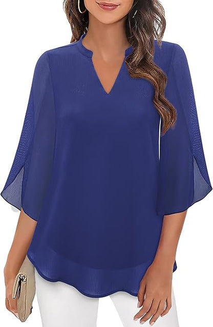 Aria Collection | Women's Chiffon Bell Sleeve Blouse with Elegant Drape | Versatile Top for Refined Occasions