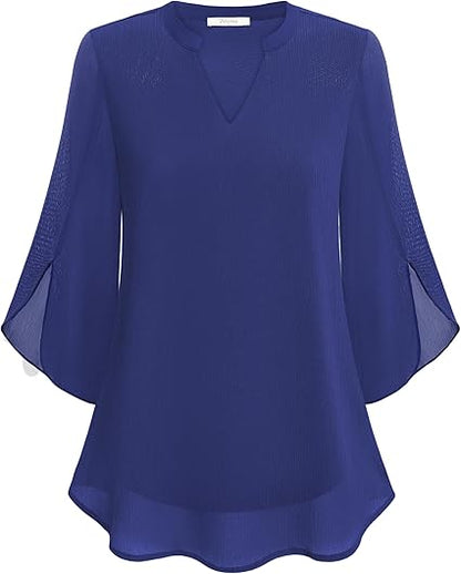 Aria Collection | Women's Chiffon Bell Sleeve Blouse with Elegant Drape | Versatile Top for Refined Occasions