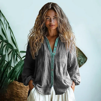 Bohemian Linen Print Women's Shirt with V-Neck Design | Effortless Style for Casual Elegance