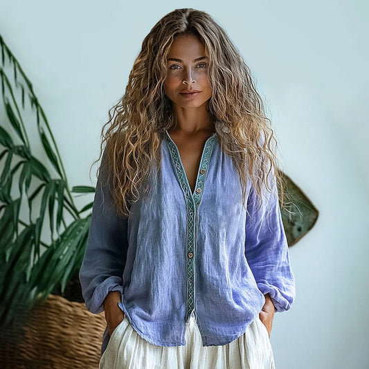 Bohemian Linen Print Women's Shirt with V-Neck Design | Effortless Style for Casual Elegance