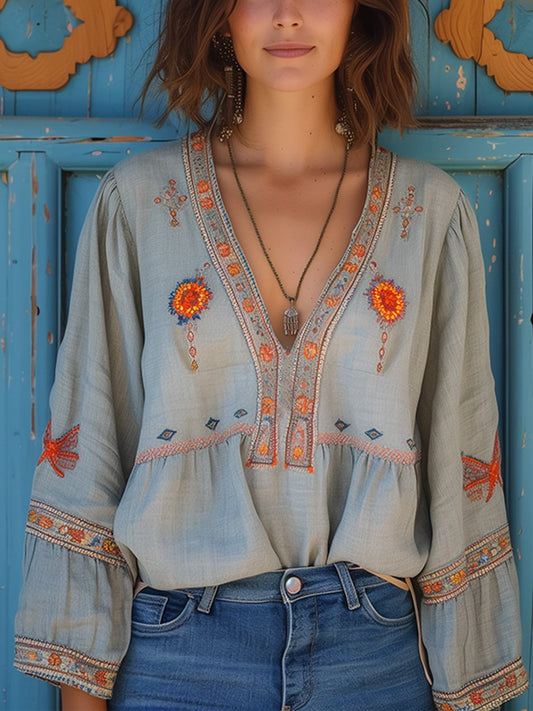 Bohemian Summer Blouse | Women's Top with Decorative Embroidery | Relaxed Fit for Effortless Style