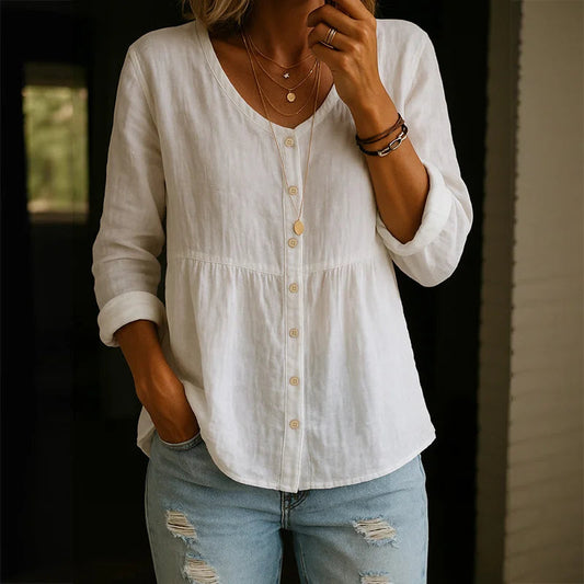 Casual Linen Blouse for Women with Vintage V Neck Design | Comfortable Long Sleeve Summer Top