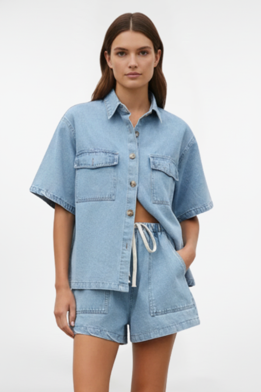 Chic Denim Collection | Women's Denim Two Piece Set with Short-Sleeve Jacket & High-Waist Shorts | Versatile Outfit for Spring and Summer