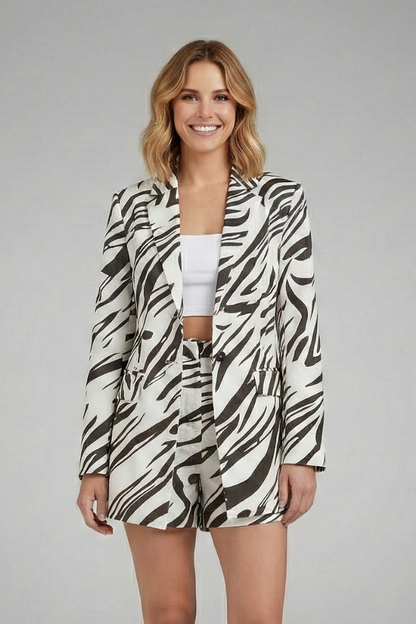 Chic Ensemble | Women's Outfit with Tailored Blazer & Printed Shorts | Versatile Two-Piece Set for Effortless Elegance