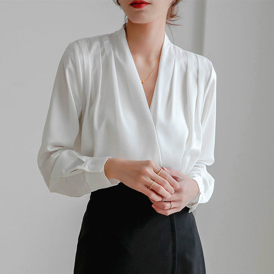 Elegant Collection | V-Neck Satin Blouse with Pleated Design | Versatile Styling for Office and Casual Wear