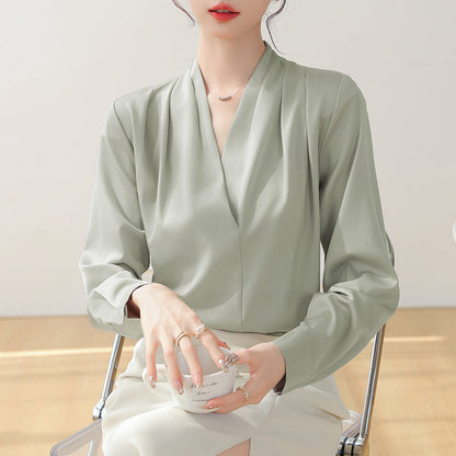 Elegant Collection | V-Neck Satin Blouse with Pleated Design | Versatile Styling for Office and Casual Wear
