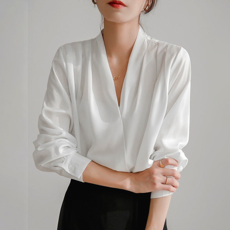 Elegant Collection | V-Neck Satin Blouse with Pleated Design | Versatile Styling for Office and Casual Wear