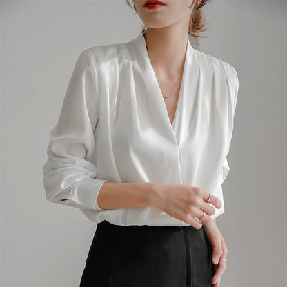 Elegant Collection | V-Neck Satin Blouse with Pleated Design | Versatile Styling for Office and Casual Wear