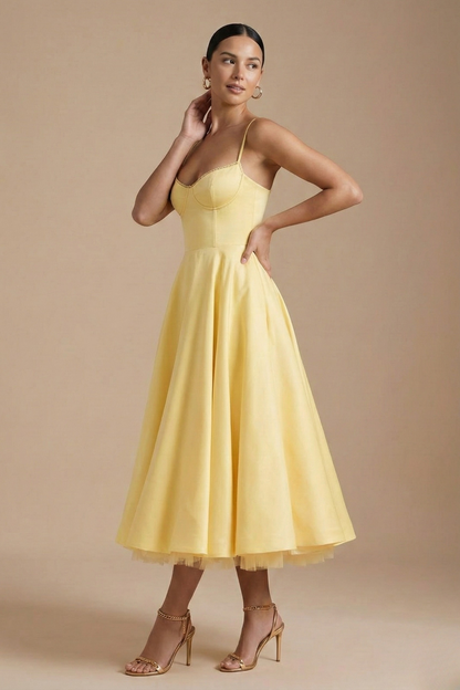 Elegant Corset Midi Dress | Women's Dress with Flared Skirt for Timeless Sophistication