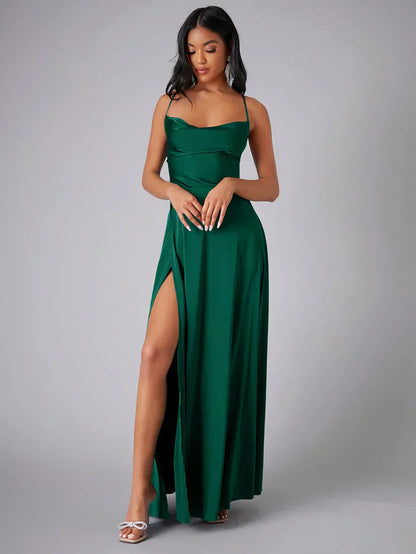 Elegant Evening Gown | Satin Backless Dress with Draped Neckline for Formal Events