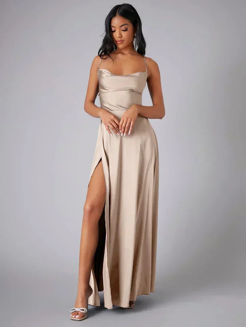 Elegant Evening Gown | Satin Backless Dress with Draped Neckline for Formal Events