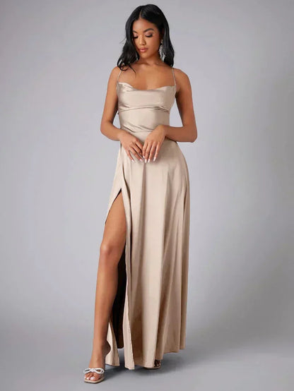 Elegant Evening Gown | Satin Backless Dress with Draped Neckline for Formal Events