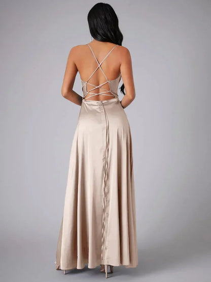 Elegant Evening Gown | Satin Backless Dress with Draped Neckline for Formal Events