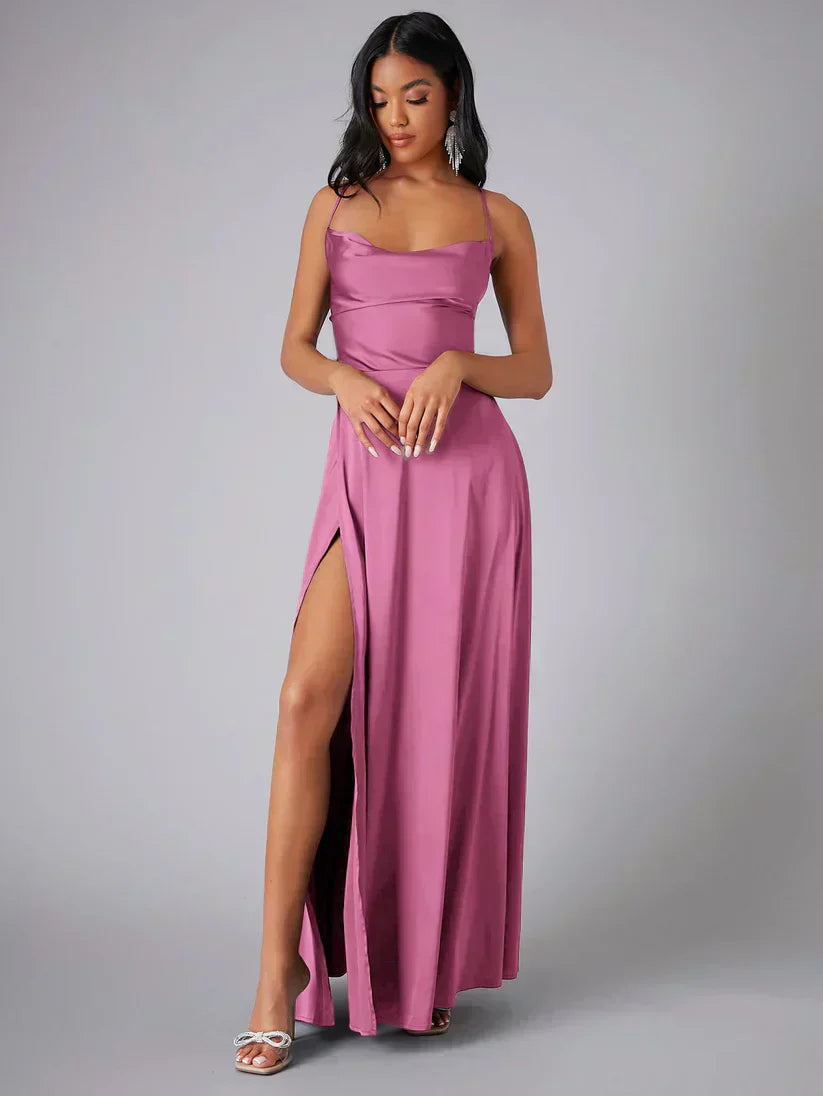 Elegant Evening Gown | Satin Backless Dress with Draped Neckline for Formal Events