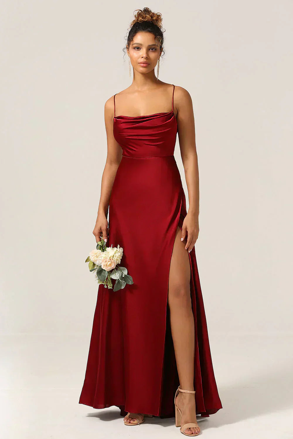 Elegant Evening Gown | Satin Backless Dress with Draped Neckline for Formal Events