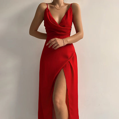 Elegant Long Chiffon & Satin Dress | V-Neck Maxi Cocktail Dress for Formal Occasions