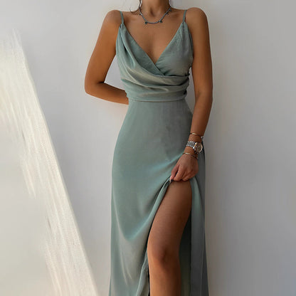 Elegant Long Chiffon & Satin Dress | V-Neck Maxi Cocktail Dress for Formal Occasions