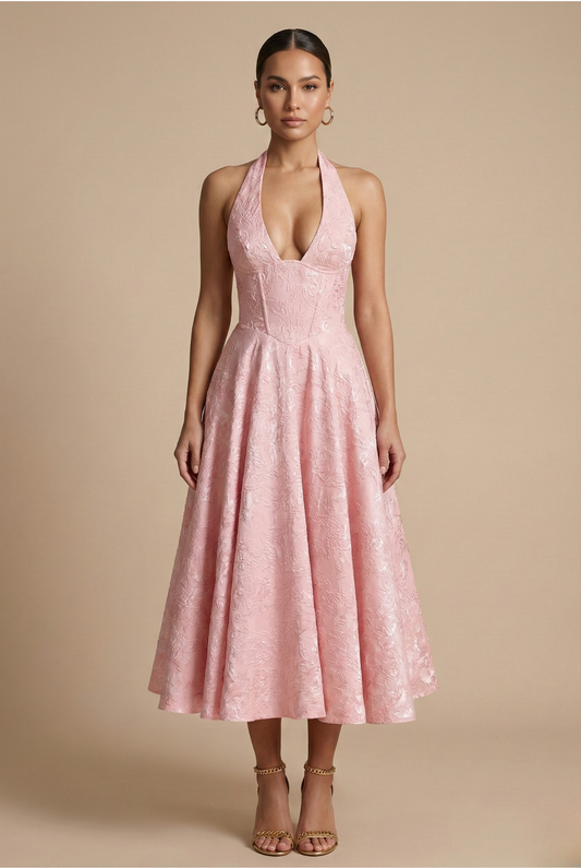 Elegant Women's Dress | Halter Neck Midi with Flared Skirt | Ideal for Formal Events