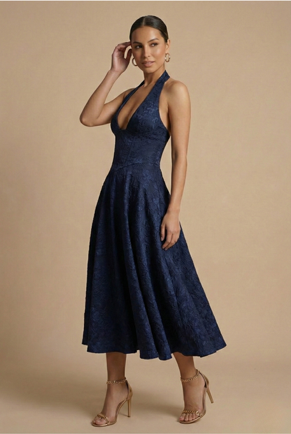 Elegant Women's Dress | Halter Neck Midi with Flared Skirt | Ideal for Formal Events