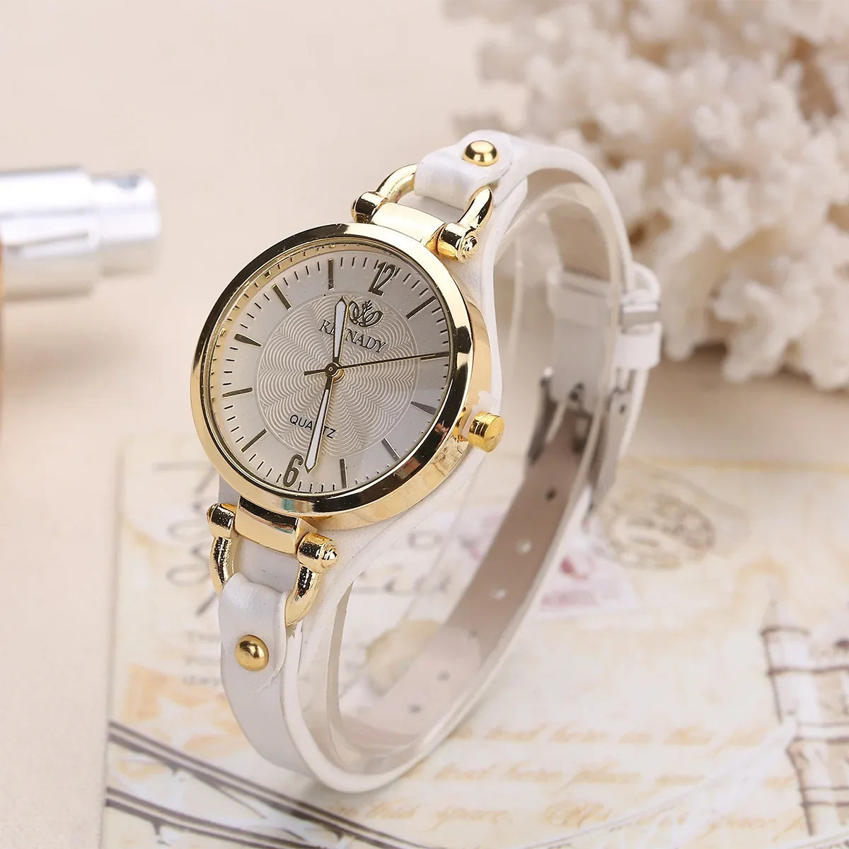 L’Or Blanc | Women's Watch with Gold-Tone Bezel & Vegan Leather Strap | Elegant Quartz Timepiece for Minimalist Style