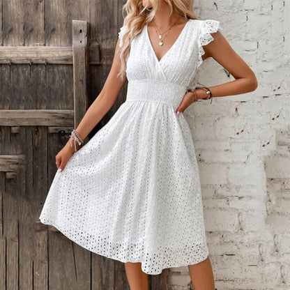 Lily Collection | Women's White Summer Dress with Eyelet Texture | Flattering A-Line Fit for Effortless Style
