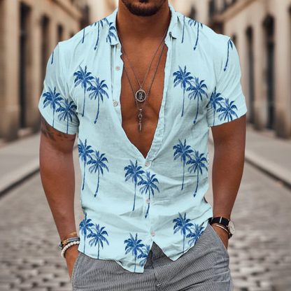 Tropical Vibes | Men's Hawaiian Shirt with Palm Print | Relaxed Fit for Summer Style