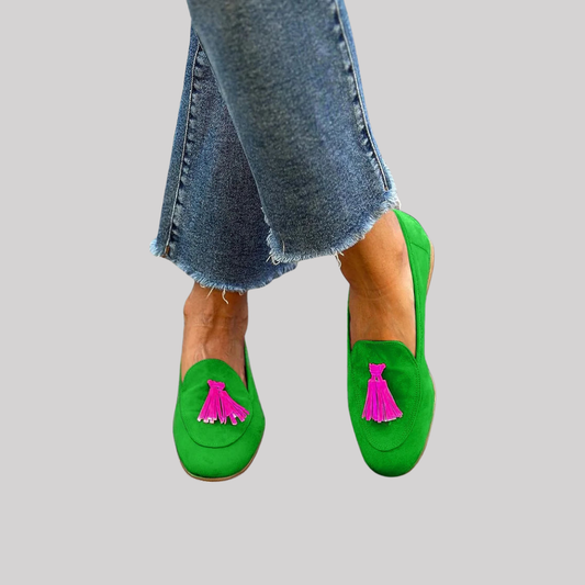 Vibrant Loafers for Women with Fuchsia Tassels | Unique Green Footwear for Bold Style