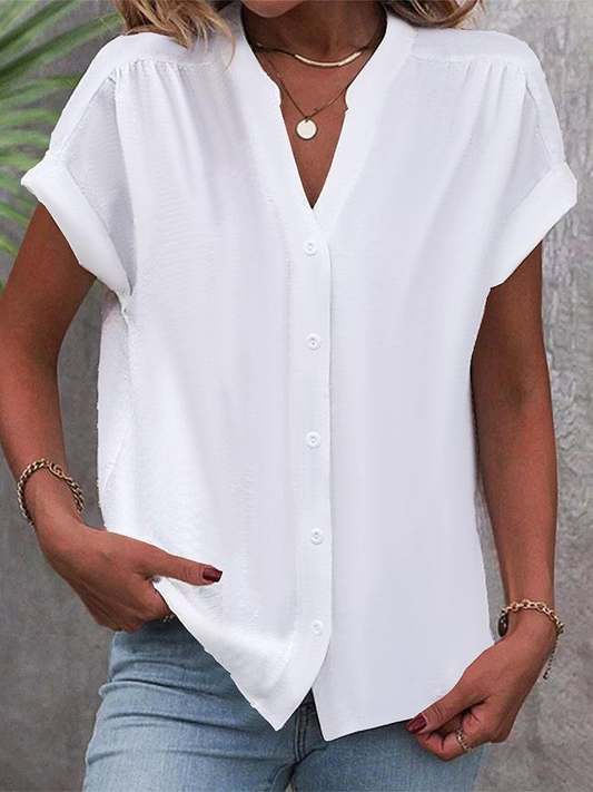 Whitney Collection | Women's Blouse with V-Neck & Button-Up Front | Breezy White Summer Top for Effortless Style